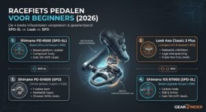 Infographic met vergelijking van 4 beste racefiets klikpedalen voor beginners: Shimano SPD-SL, Look Keo, SPD