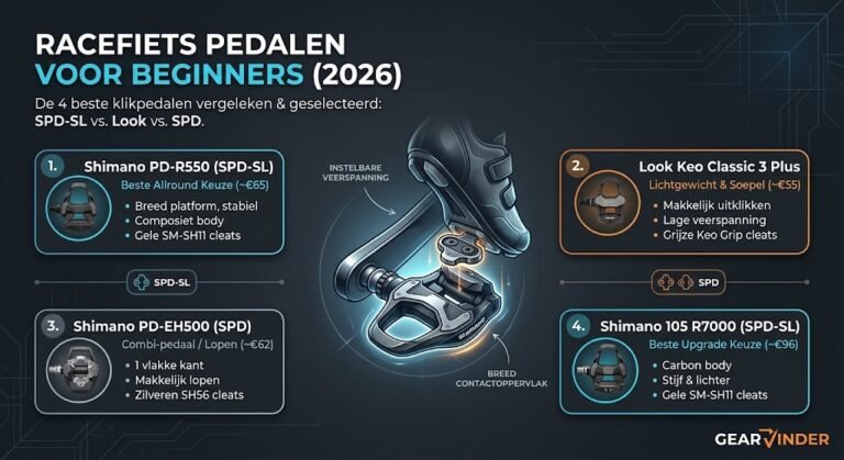 Infographic met vergelijking van 4 beste racefiets klikpedalen voor beginners: Shimano SPD-SL, Look Keo, SPD